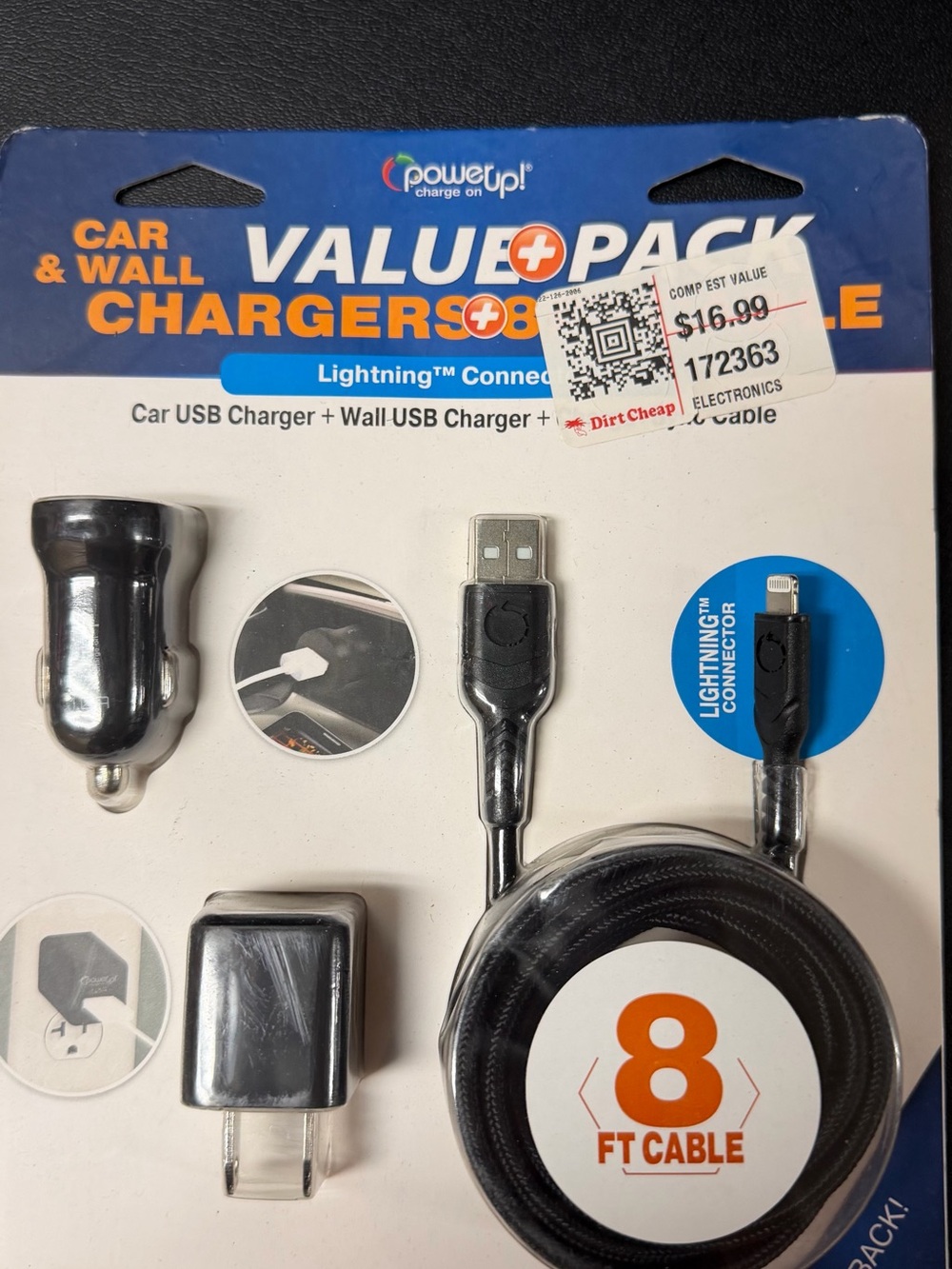 Black Lightning 8ft Value Pack - Car & Wall USB Chargers with Cable